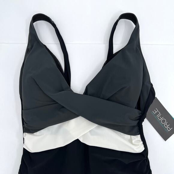 PROFILE BY GOTTEX Lets Twist One Piece Swimsuit Women 16 Black Gray V Neck Tank - Picture 7 of 16
